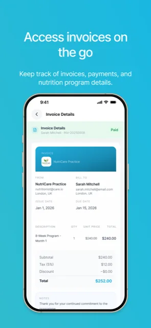 CalorieScience Companion invoice screen for reviewing nutrition program billing