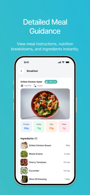 CalorieScience Companion meal detail screen with a nutrition breakdown and ingredient list