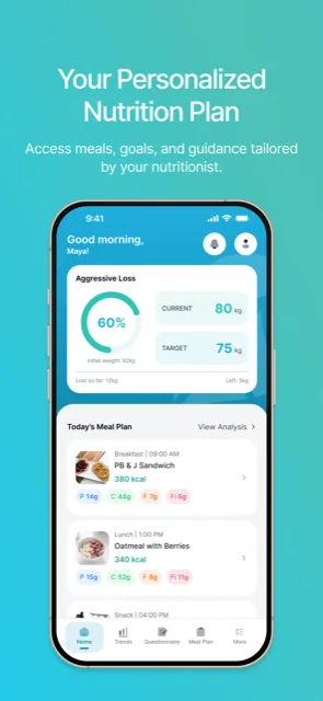 CalorieScience Companion home screen showing today's meal plan and weight-goal progress