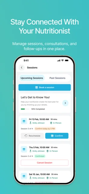 CalorieScience Companion sessions screen for booking and managing appointments with a nutrition professional