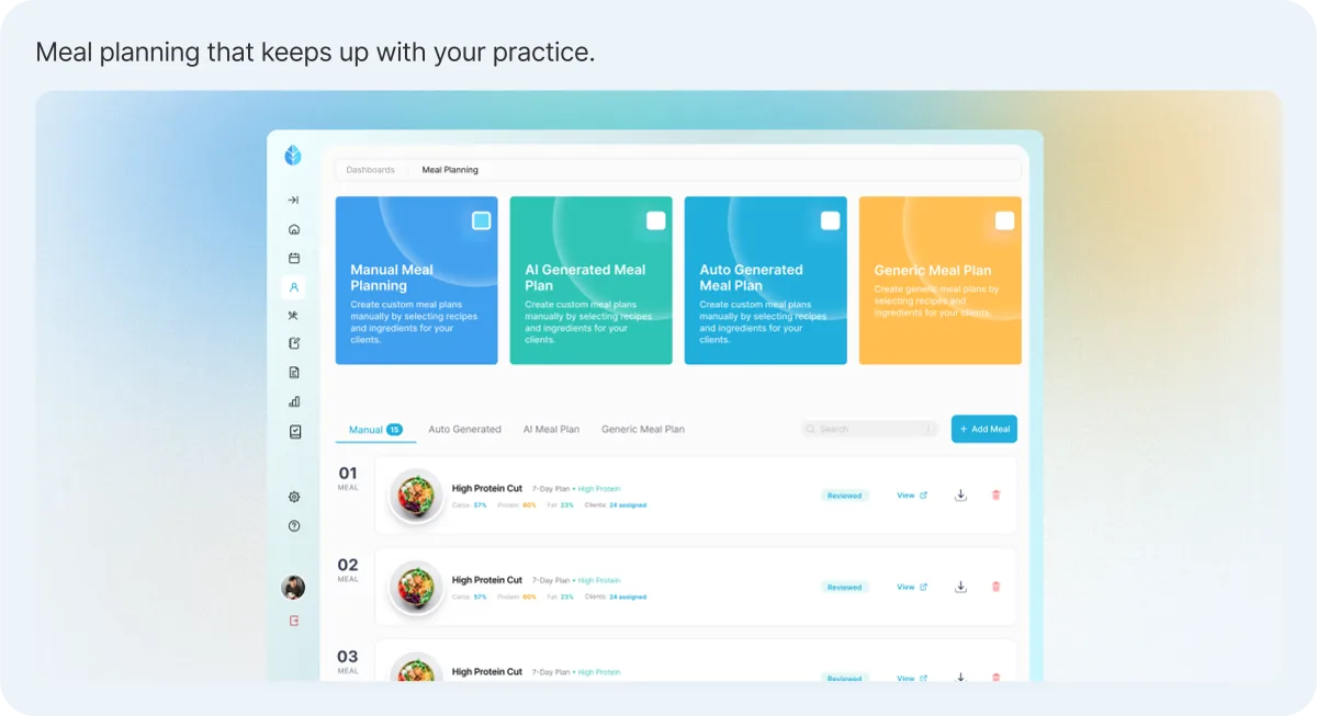 CalorieScience personalised meal planning workspace showing an AI-generated plan awaiting practitioner review